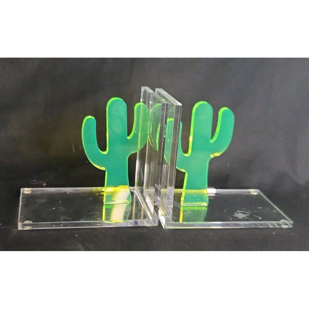 Set o Laser-cut Neon Green Acrylic Cactus Bookends Plexiglass Southwestern Decor